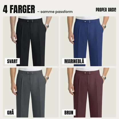 Proper Basic dressbukser i fire farger: svart, marineblå, grå og brun