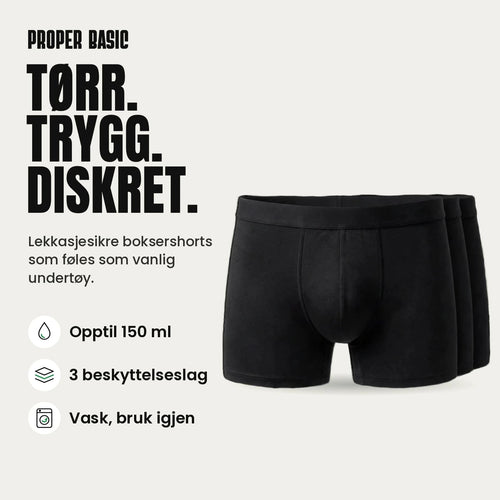 Proper Basic Dryboxers: tørr, trygg og diskret. Lekkasjesikre boksershorts som føles som vanlig undertøy