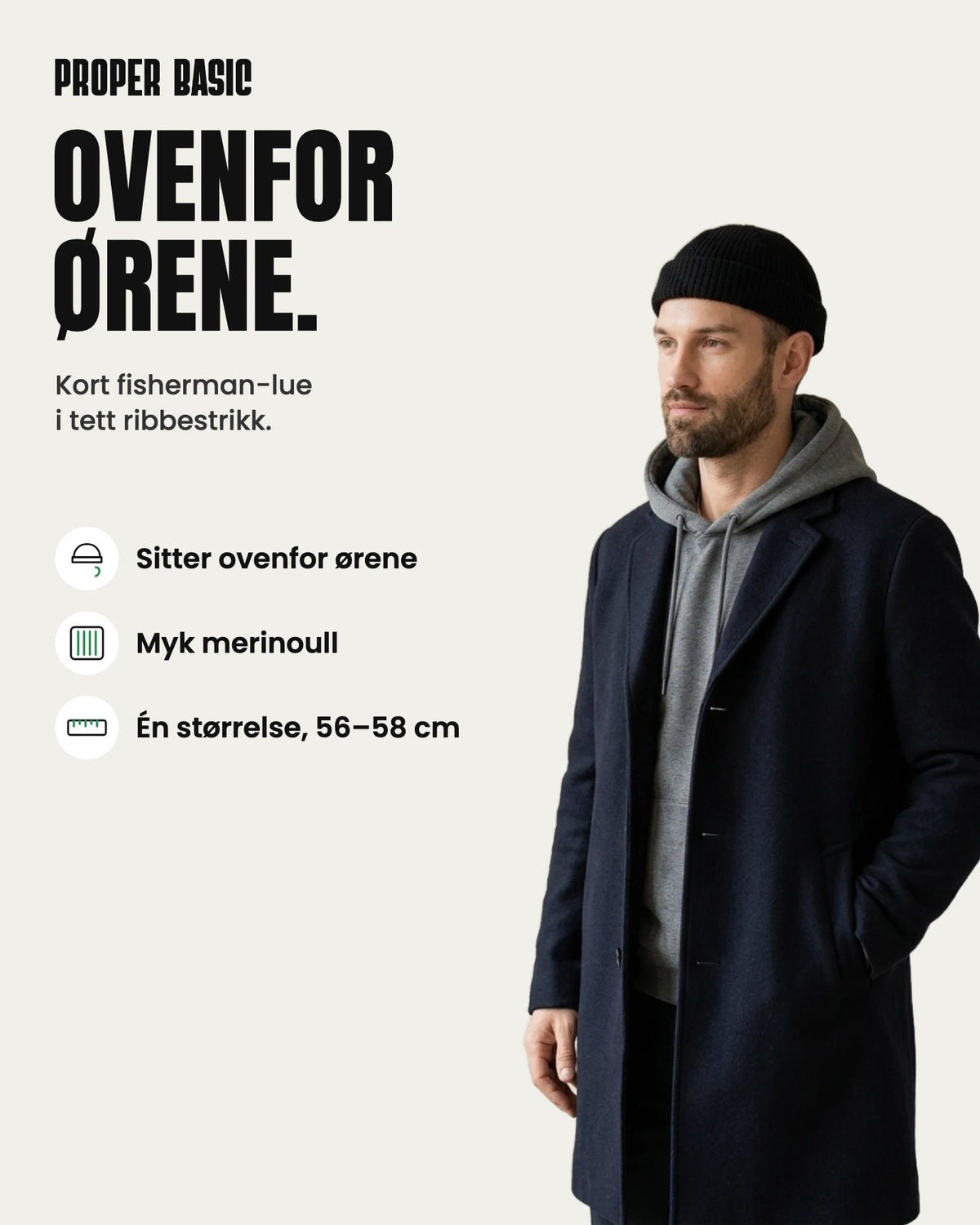 Proper Basic Fisherman-lue: kort lue i merinoull som sitter ovenfor ørene