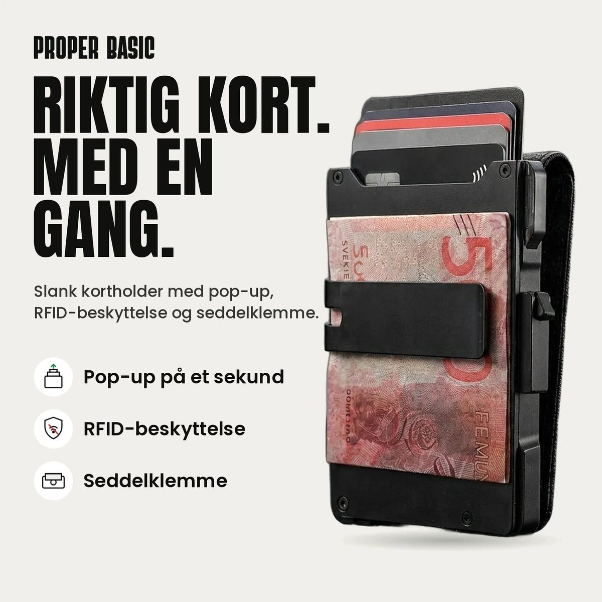 Proper Basic Kortholder i svart med kortene skjøvet opp og seddelklemme