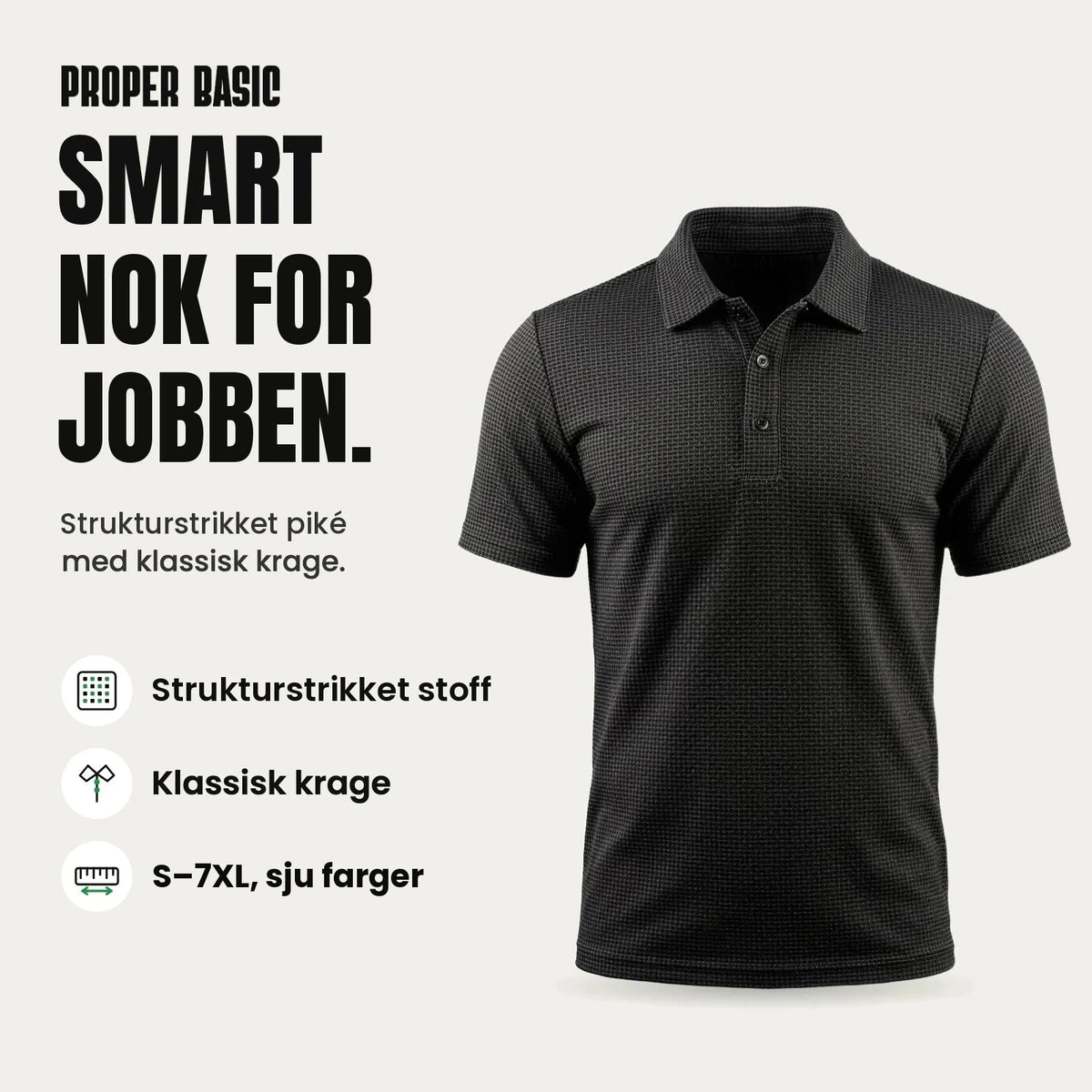 Proper Basic Pikéskjorte i svart: strukturstrikket piké med klassisk krage, S–7XL i sju farger
