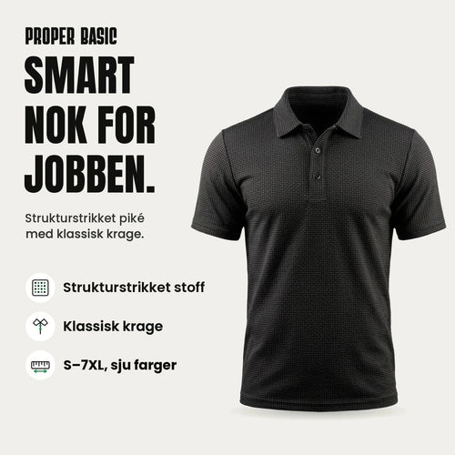 Proper Basic Pikéskjorte i svart: strukturstrikket piké med klassisk krage, S–7XL i sju farger